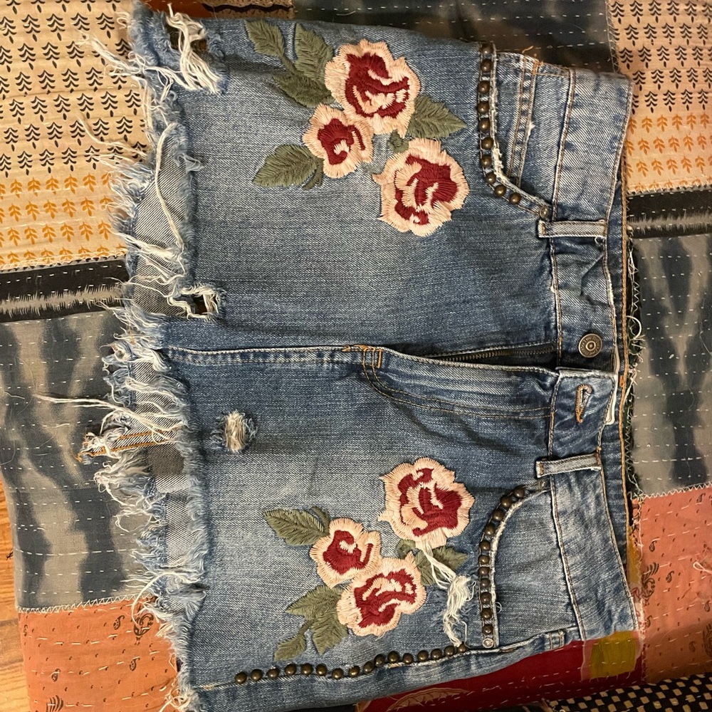 free people denim embroidered mini skirt